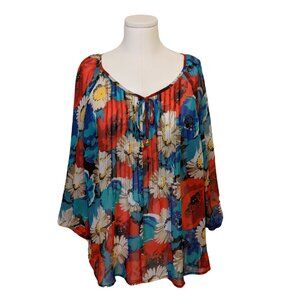 Charter Club Floral Sheer Blouse Pleated Spring Colourful Office Elegant Flowy L